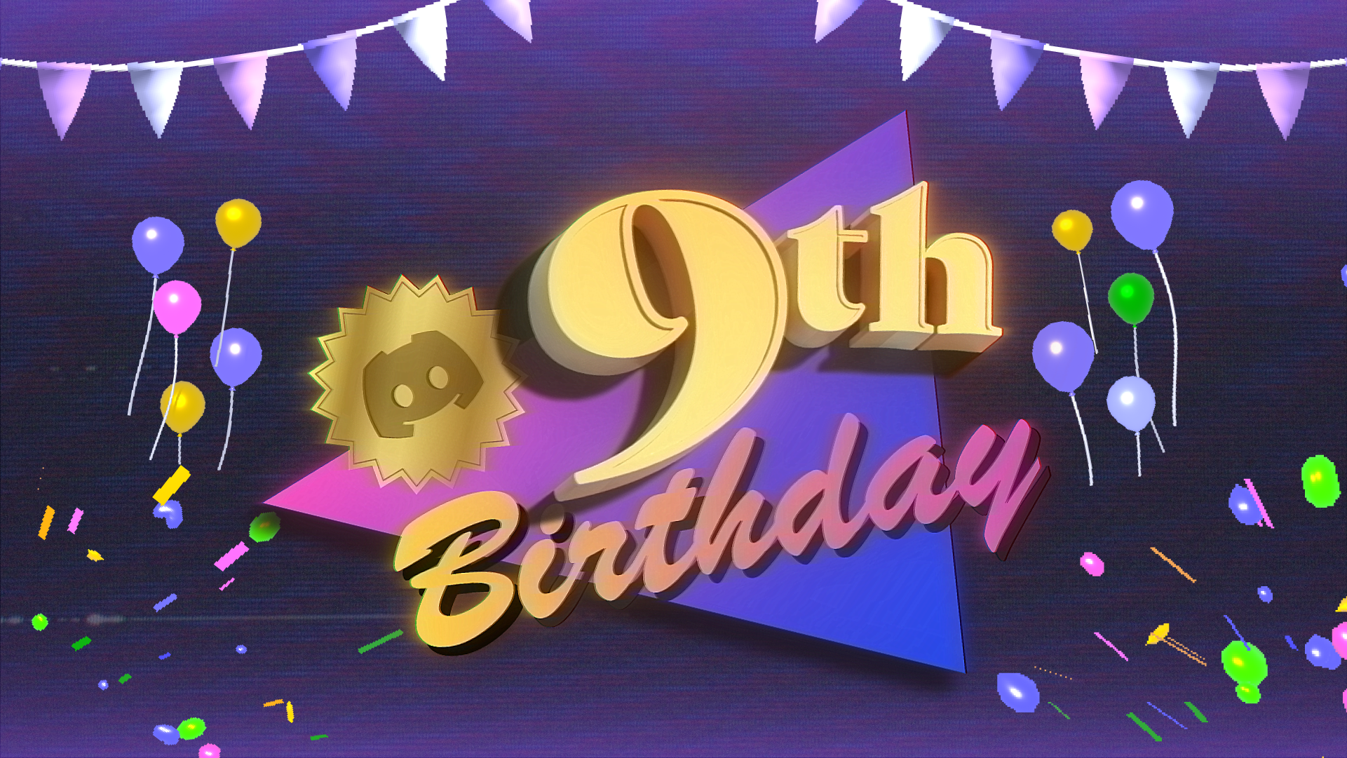 Discord's Clyde logo in a gold sticker with "9th birthday" in decorative text, over party streamers, confetti, and balloons
