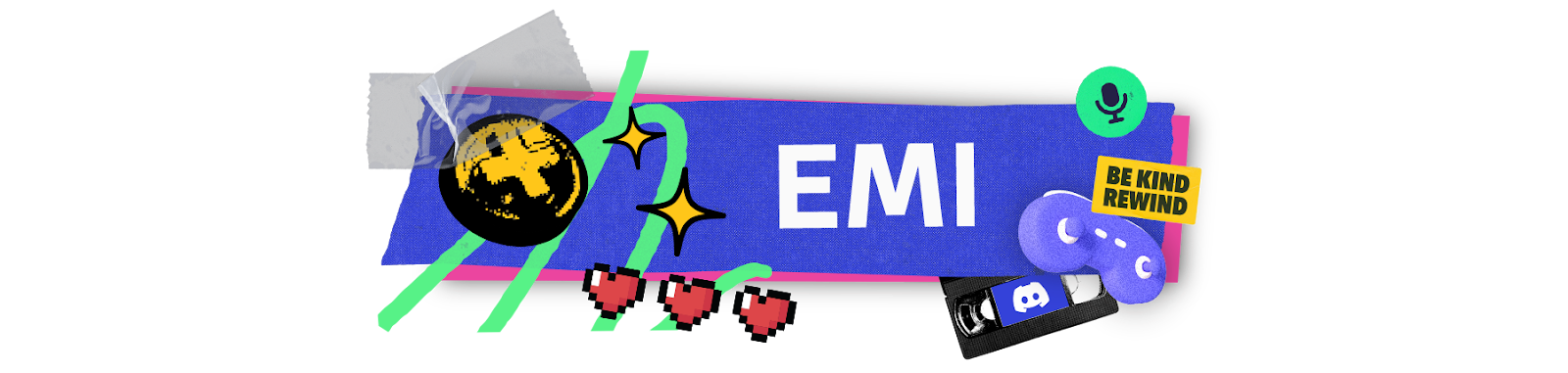A stylized nameplate that says “Emi.” Icons and imagery of gamepads, microphones, and VHS tapes surround the nameplate.